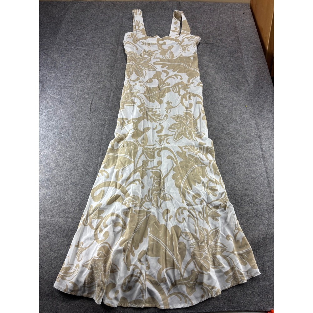 Vince Camuto Tan White Tropical Leaf Print Smocked Back Maxi Dress Womens M